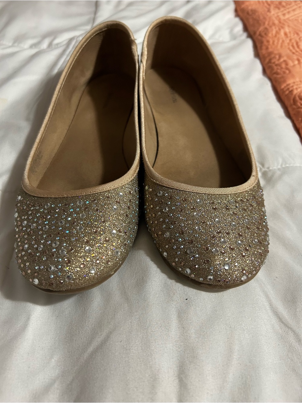 Embellished Gold Ballet Flats with Crystal Accents